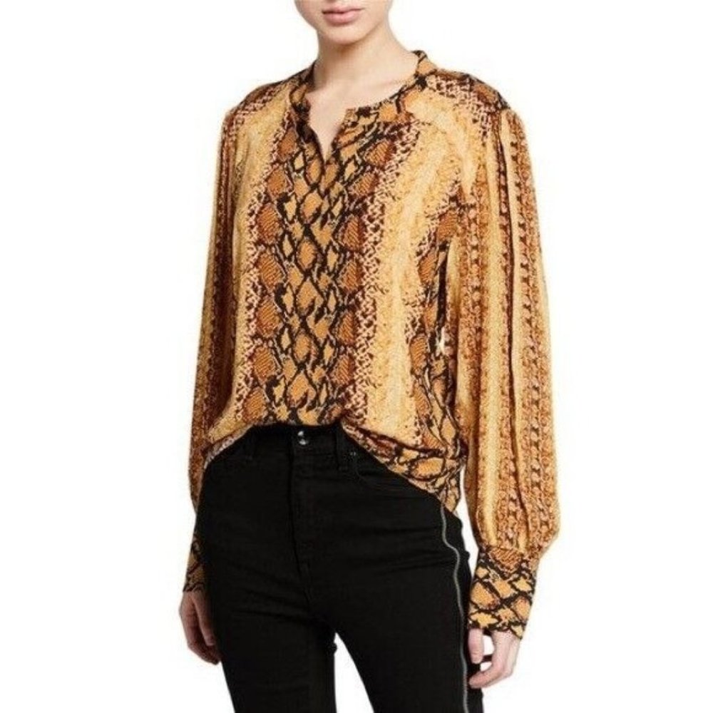 Joie Talin Top Snake Print Yellow Brown Button Down Long Sleeve - Picture 3 of 12